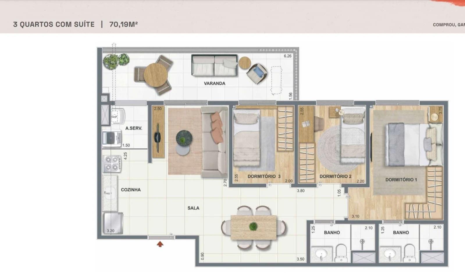 Planta de 3 quartos com suíte do Residencial Pixinguinha, 70,19 metros quadrados