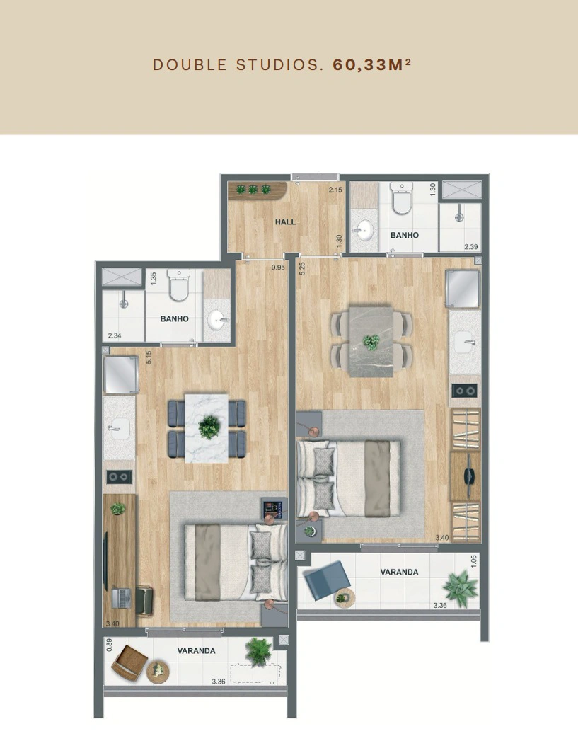 Planta double studio do Erê Residencial, 60,33 metros quadrados
