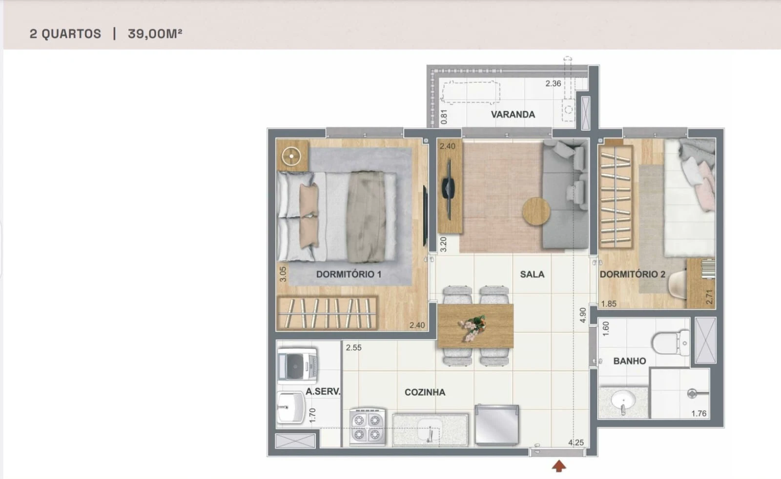 Planta de 2 quartos do Residencial Pixinguinha, 39 metros quadrados