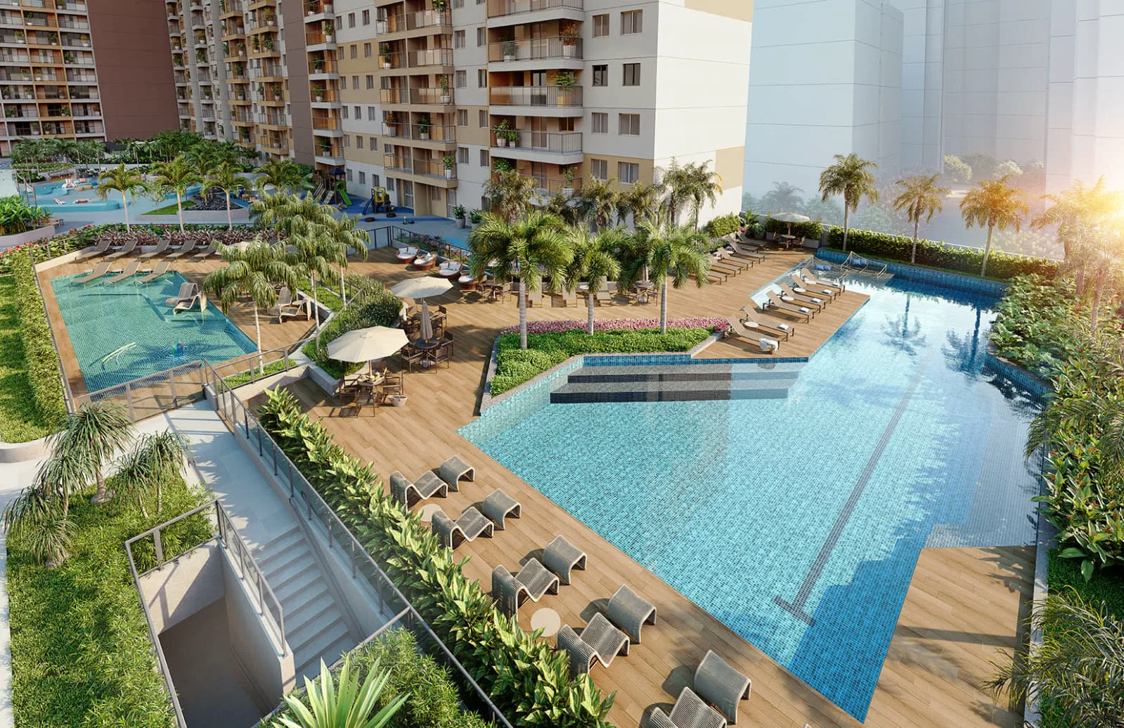 Perspectiva das piscinas e áreas de lazer do Residencial Pixinguinha