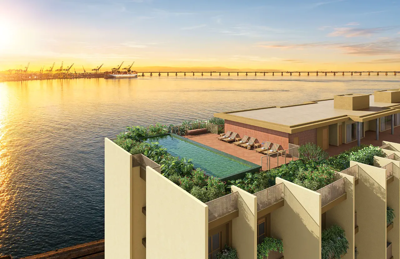 Rooftop do Erê Residencial com piscina e vista para a Baía de Guanabara