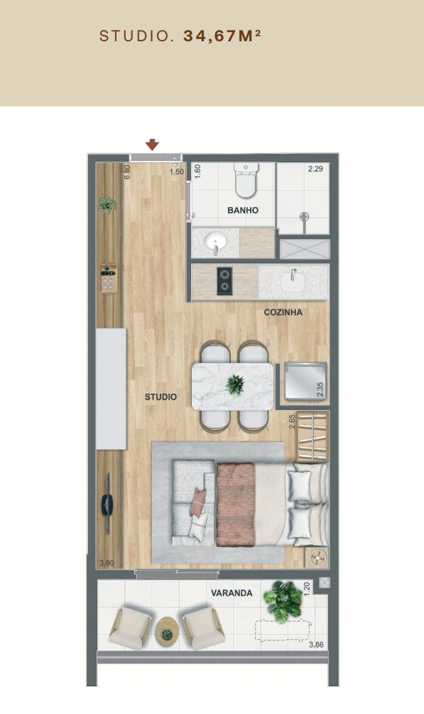 Planta de studio do Erê Residencial, 34,67 metros quadrados