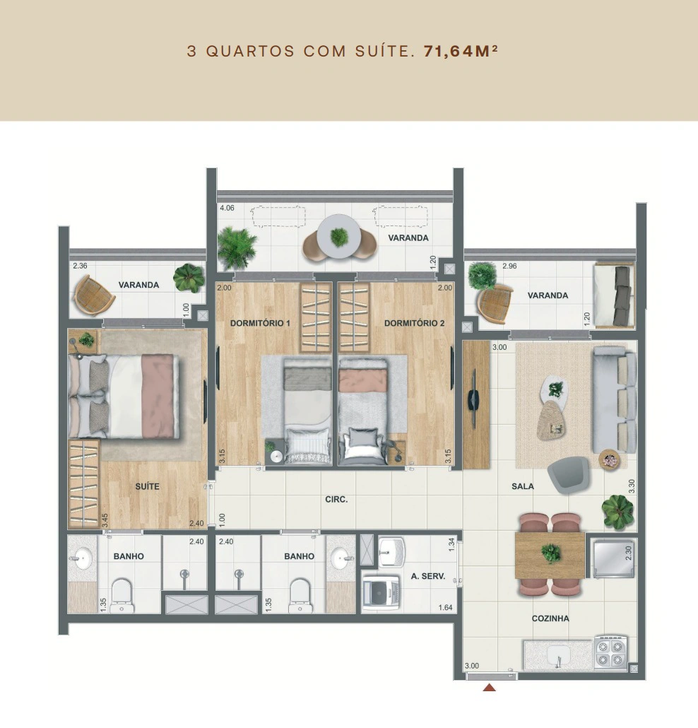 Planta de 3 quartos com suíte do Erê Residencial, 71,64 metros quadrados