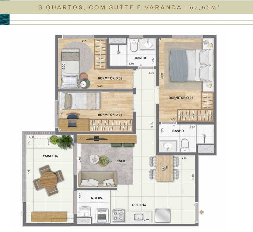 Planta de 3 quartos com suíte do Farol da Guanabara, 67,56 metros quadrados
