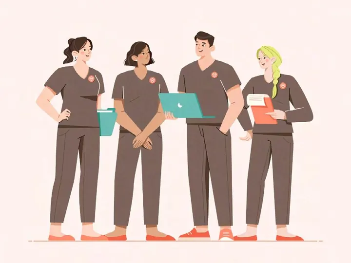 Ilustração flat de quatro profissionais de saúde de uniforme