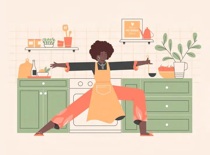 Ilustração flat de mulher se exercitando na cozinha