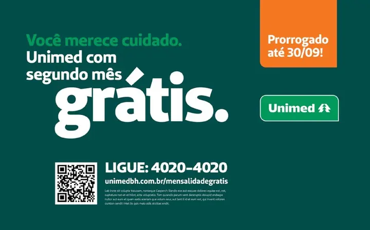 Peça all type com o texto Unimed com segundo mês grátis, em fundo verde escuro