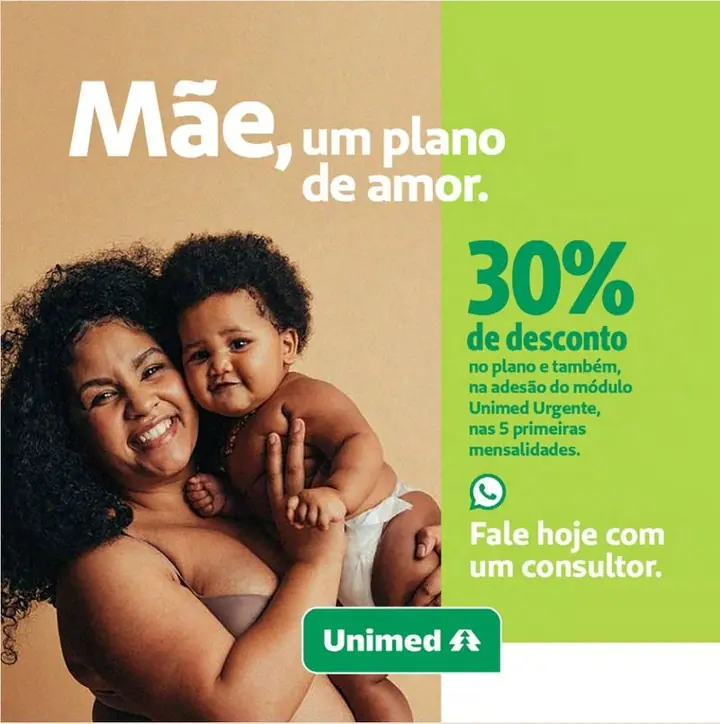 Post Mãe, um plano de amor, com mãe e bebê e 30 por cento de desconto no plano