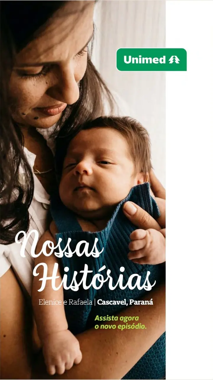Story Nossas Histórias, com mãe e bebê e texto em letra brush