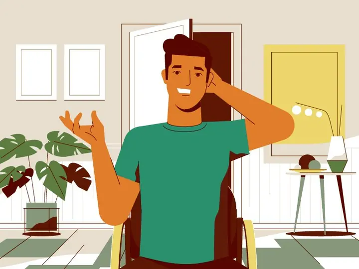 Ilustração flat de homem em cadeira de rodas sorrindo, em uma sala