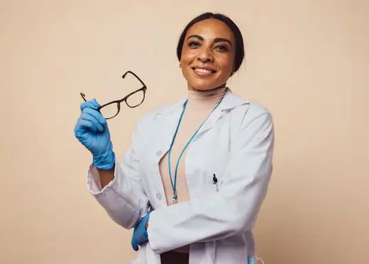 Médica sorrindo, segurando óculos, sobre fundo em cor de apoio