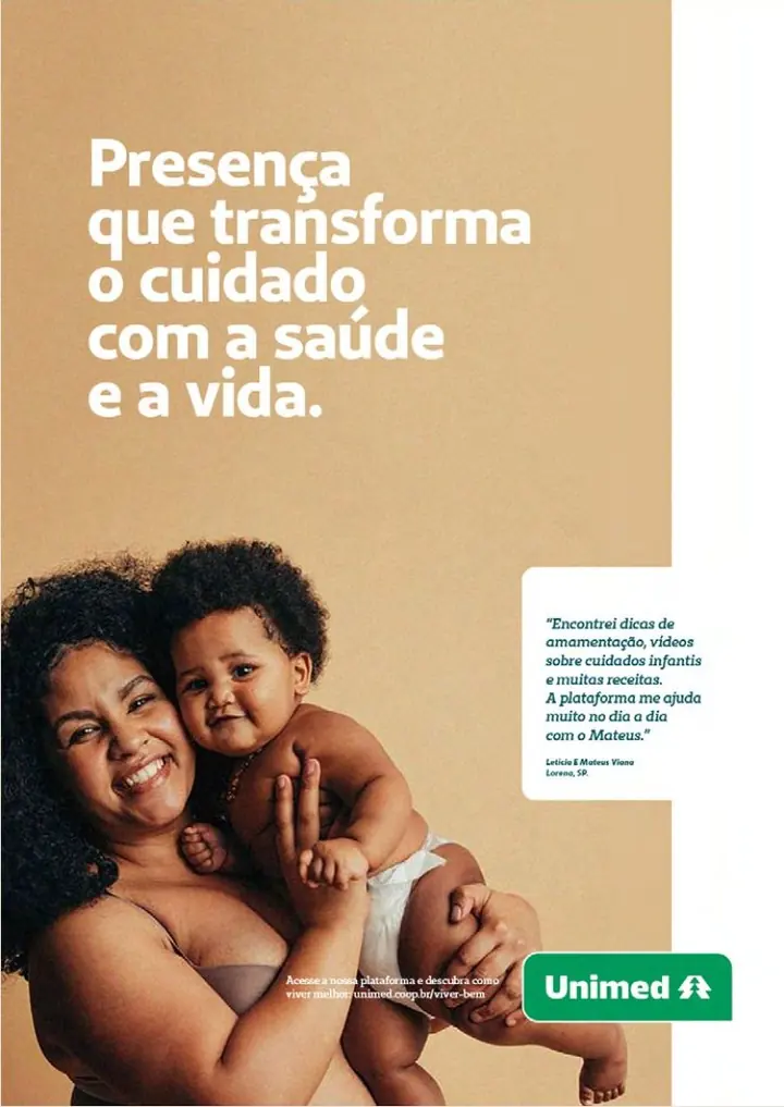 Post Presença que transforma o cuidado com a saúde e a vida, com foto de mãe e bebê e caixa de depoimento
