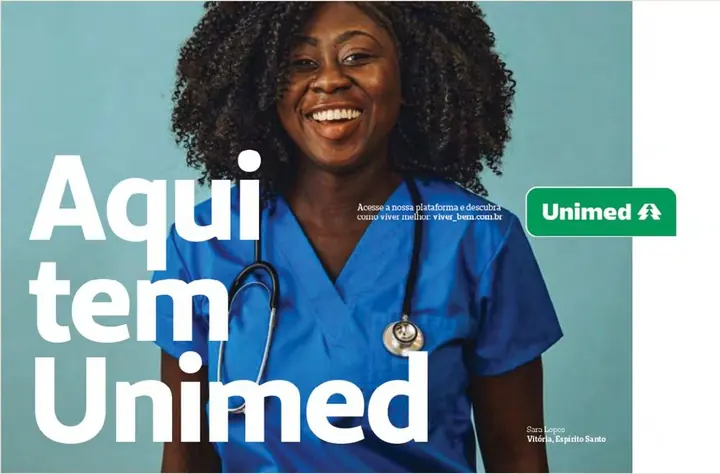 Post Aqui tem Unimed com retrato de médica sorrindo em jaleco azul, fundo verde-água