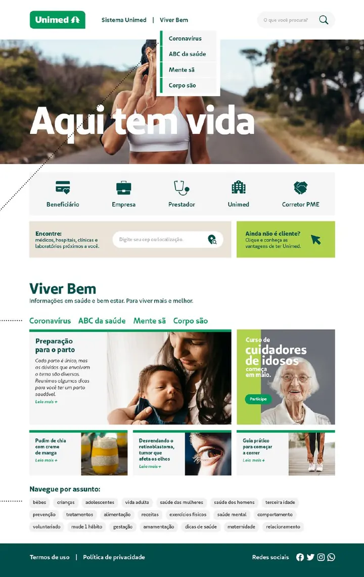 Página do site Unimed Nacional com a seção Viver Bem, subeditorias e tags