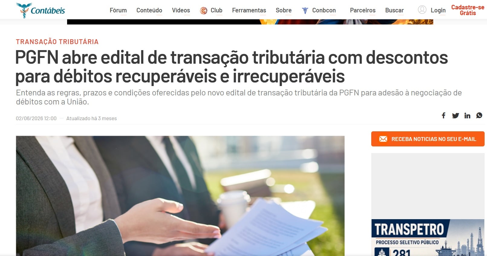 Print da matéria do Portal Contábeis sobre o edital da PGFN