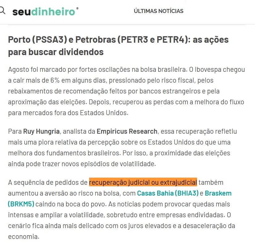 Print da matéria do Seu Dinheiro sobre empresas endividadas