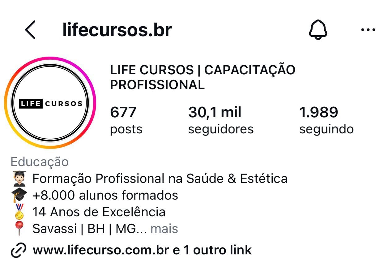 Perfil da LIFE Cursos no Instagram @lifecursos.br