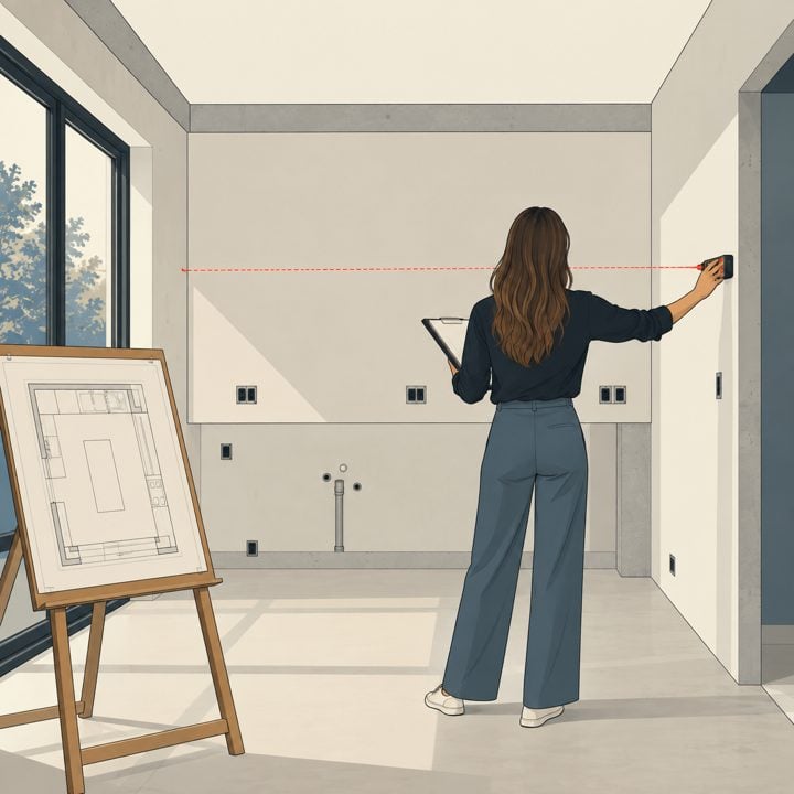 Arquiteta medindo a parede de uma cozinha com trena a laser, com a planta baixa ao lado