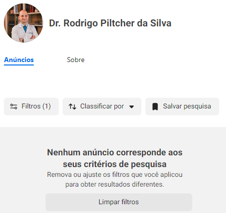 Consulta do perfil do Dr. Rodrigo na Biblioteca de Anúncios da Meta sem resultados para os filtros exibidos