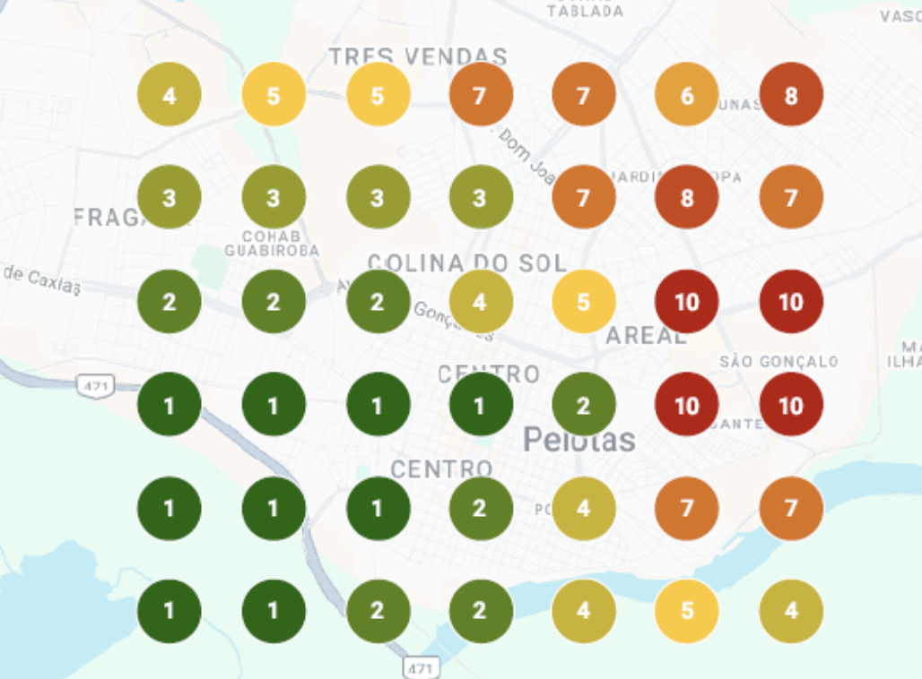 Mapa antigo de harmonização facial em Pelotas, realizado entre julho e agosto de 2026, com posições entre 1 e 10