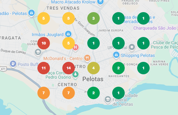 Mapa de posicionamento local em Pelotas, com posições entre 1 e 14