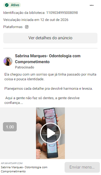 Exemplo de anúncio ativo na Biblioteca de Anúncios da Meta