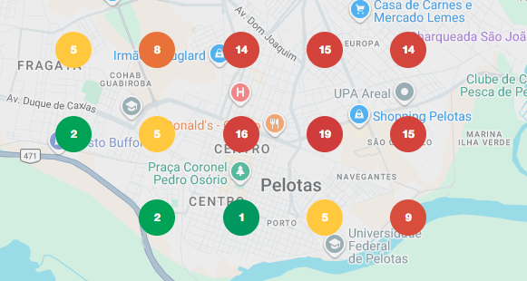 Mapa atual de posicionamento local em Pelotas, com posições entre 1 e 19