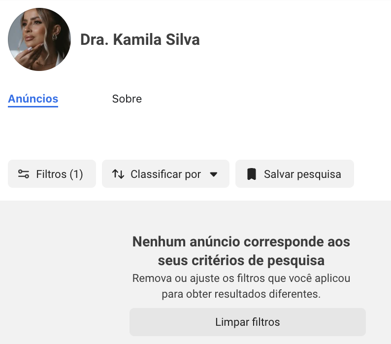Biblioteca de Anúncios da Meta da Dra. Kamila Silva, sem anúncios correspondentes aos filtros aplicados