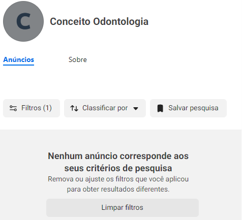 Consulta da Biblioteca de Anúncios da Meta sem resultados para os filtros exibidos