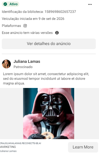 Anúncio ativo com legenda Lorem ipsum, imagem de personagem e botão Learn More