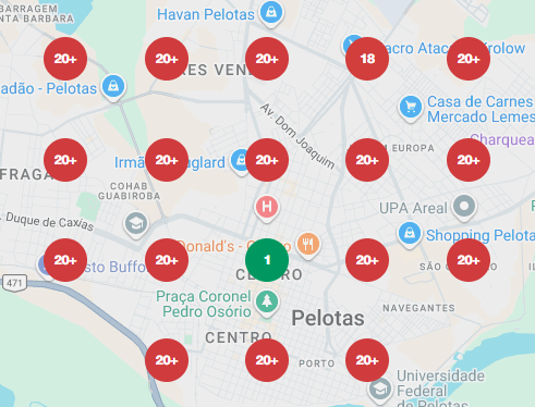 Mapa de posicionamento local em Pelotas, com posições de 1 a mais de 20
