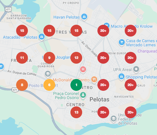 Mapa de posicionamento local em Pelotas, com posições de 1 a mais de 20