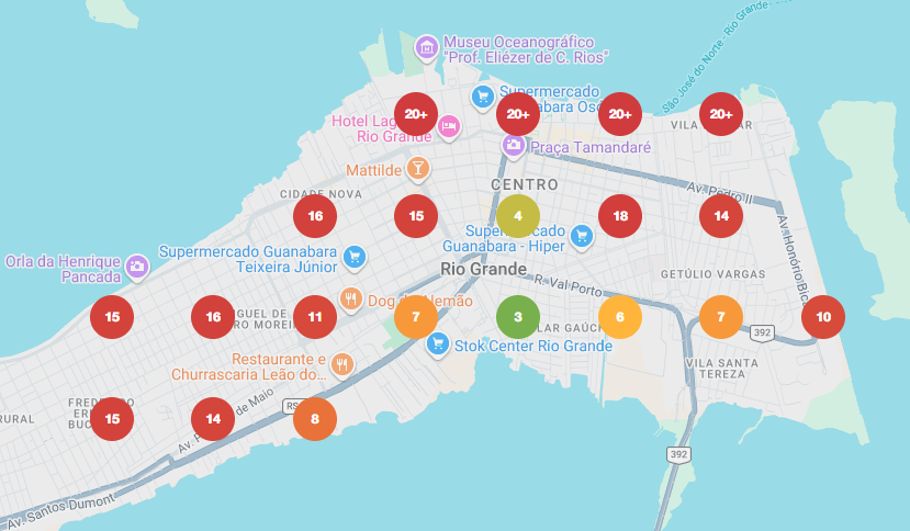 Mapa de posicionamento local em Rio Grande, com posições de 3 a mais de 20