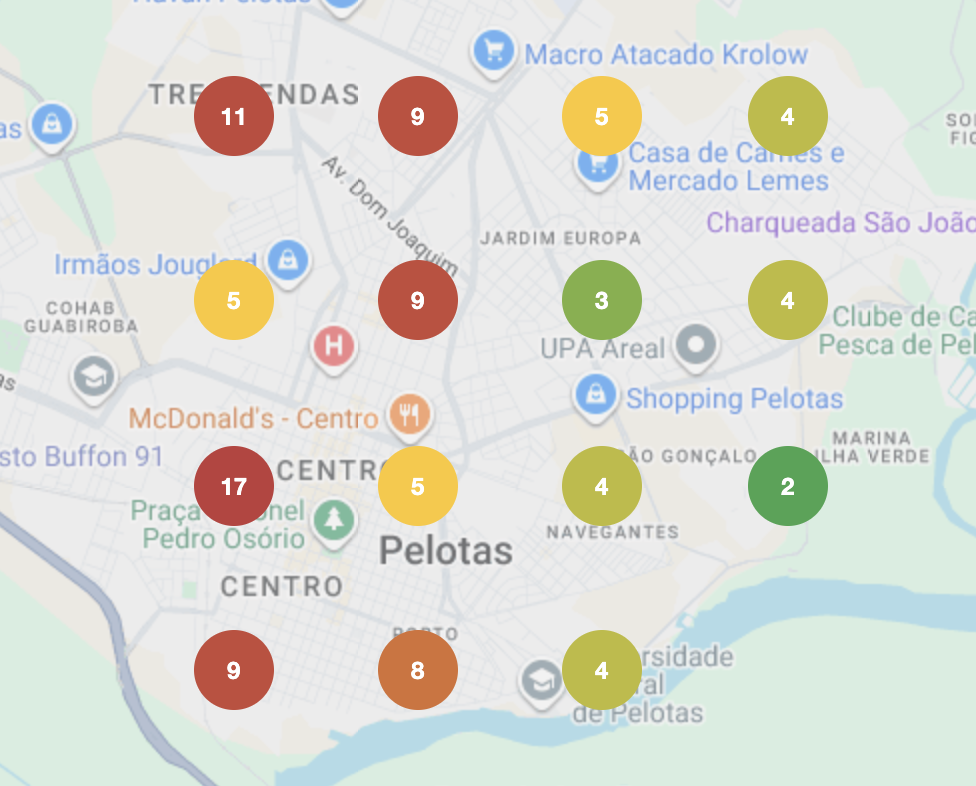Mapa atual de harmonização facial em Pelotas, RS, com 15 pontos e posições entre 2 e 17