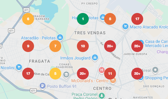 Mapa atual de posicionamento local em Pelotas, com posições de 1 a mais de 20