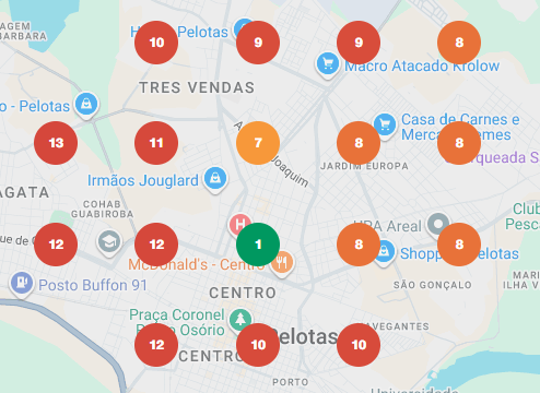 Mapa de posicionamento local em Pelotas, com posições entre 1 e 13