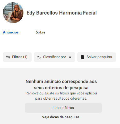 Consulta da Biblioteca de Anúncios da Meta sem resultados para os filtros exibidos