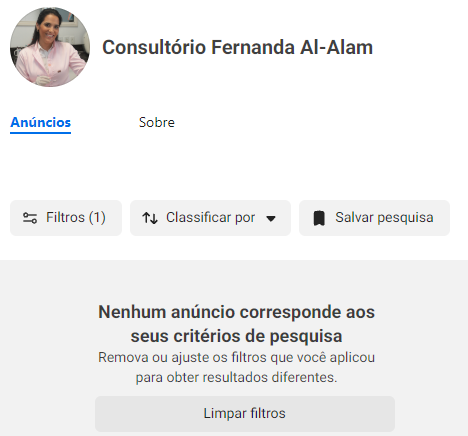 Consulta da Biblioteca de Anúncios da Meta sem resultados para os filtros exibidos