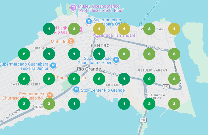 Mapa de posicionamento local em Rio Grande, com posições entre 1 e 4