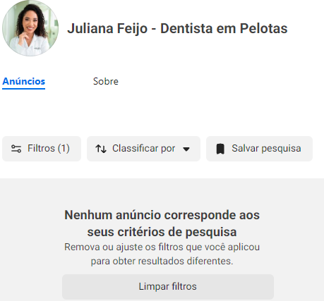 Consulta da Biblioteca de Anúncios da Meta sem resultados para os filtros exibidos