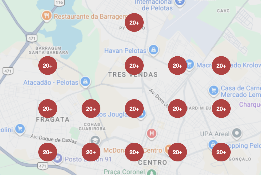 Mapa de posicionamento local em Pelotas, RS, com 15 pontos marcados como 20+