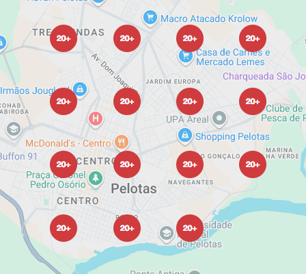 Mapa de posicionamento local em Pelotas. Todos os pontos exibidos indicam 20+
