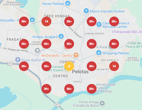Mapa de posicionamento local em Pelotas, com posições de 5 a mais de 20