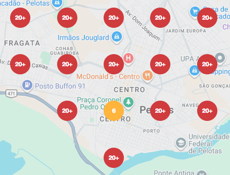 Mapa de posicionamento local em Pelotas. Um ponto na 6ª posição e os demais acima de 20