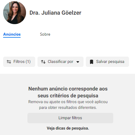 Consulta da Biblioteca de Anúncios da Meta sem resultados para os filtros exibidos
