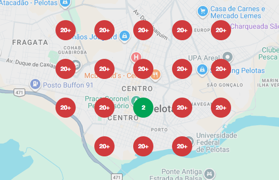 Mapa de posicionamento local em Pelotas. Um ponto na 2ª posição e os demais acima de 20