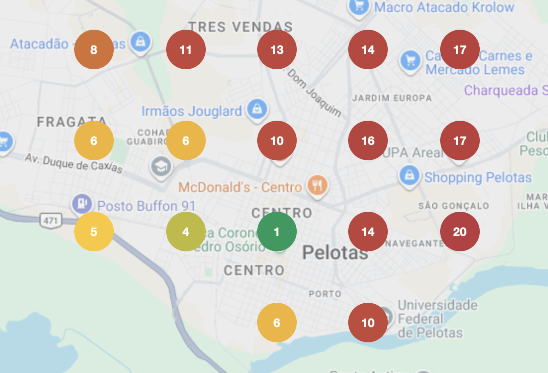 Mapa atual de harmonização facial em Pelotas, RS, com 17 pontos e posições de 1 a 20