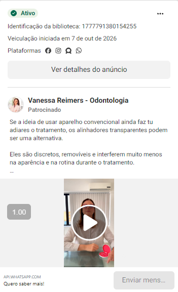 Exemplo de anúncio ativo na Biblioteca de Anúncios da Meta