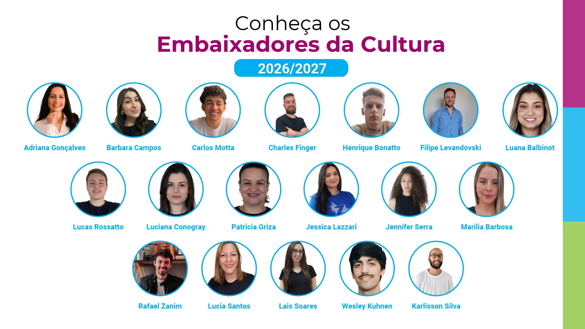 Card com as fotos e os nomes dos 19 Embaixadores da Cultura 2026/2027
