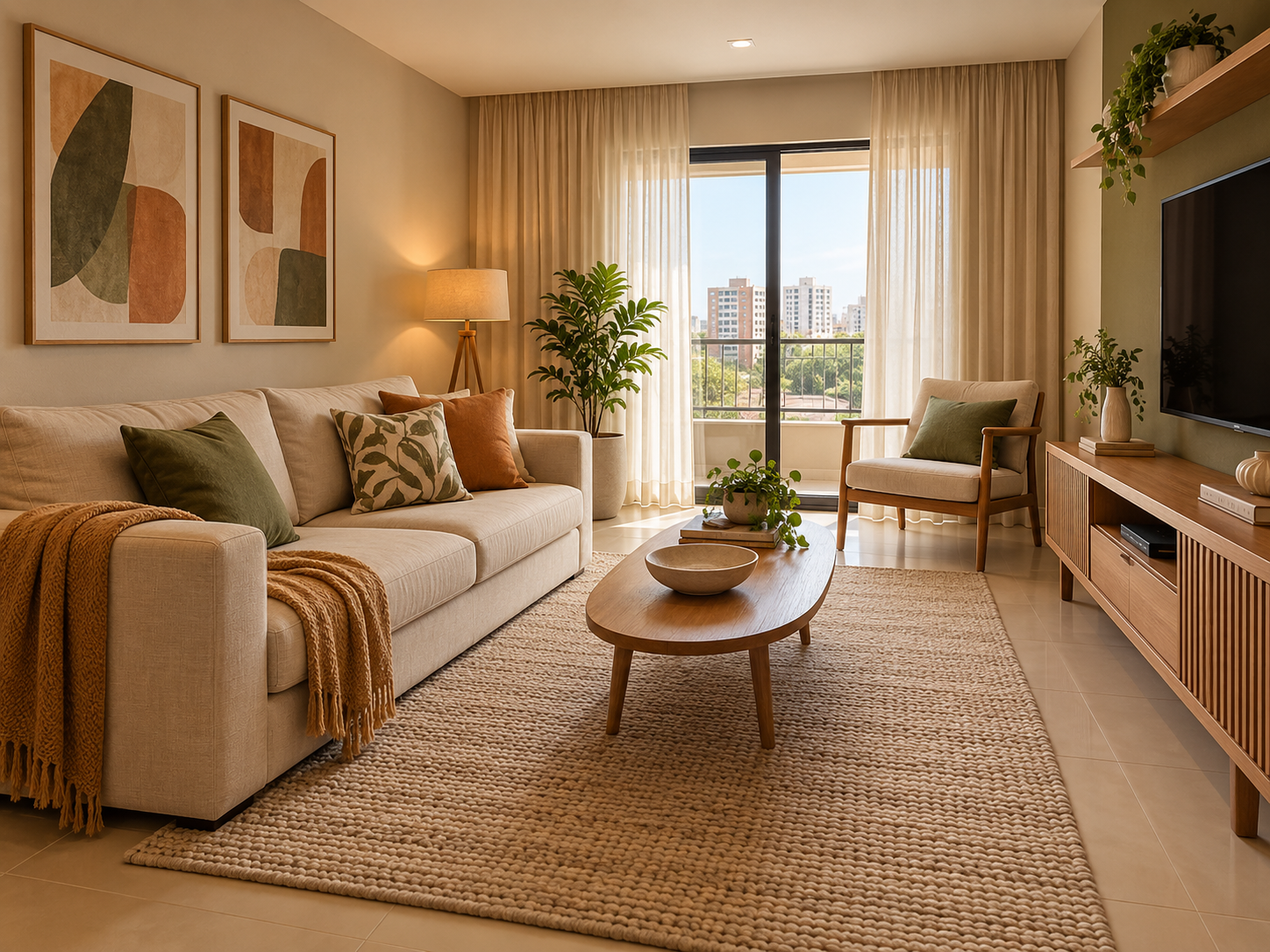 Sala depois: decoração com cores coordenadas, tapete proporcional e cortinas claras.